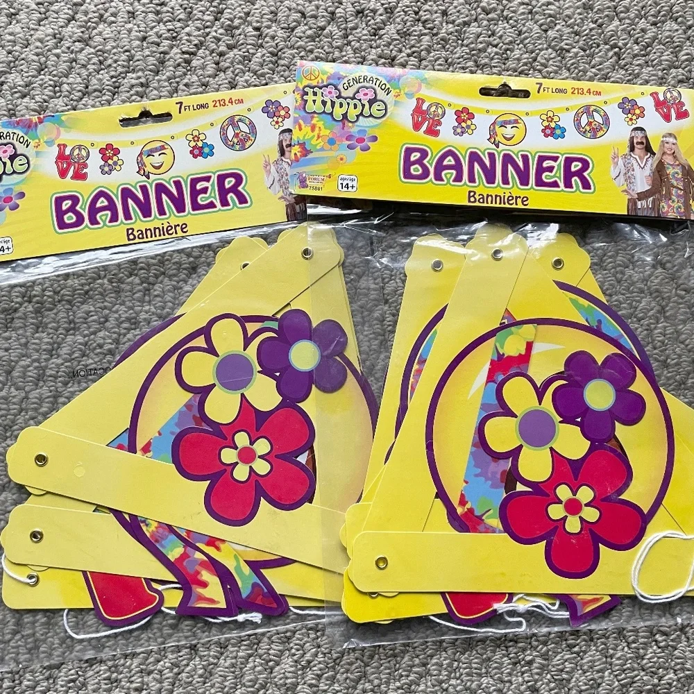 Bundle of 2 Yellow Hippie Icons Love Party Banner & Matching LOVE Paper Plates
